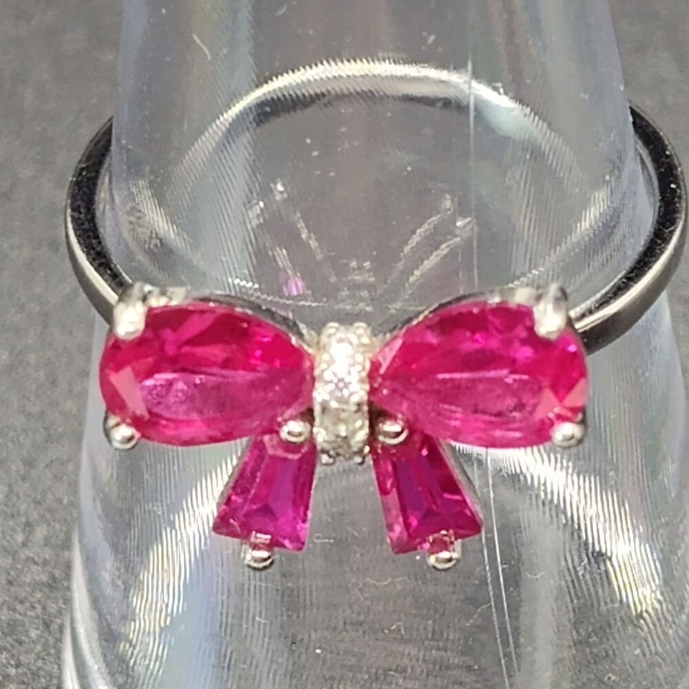 Beautiful Sterling Silver 925 Marked Ruby and Diamond Bow Shaped Ring Size 8